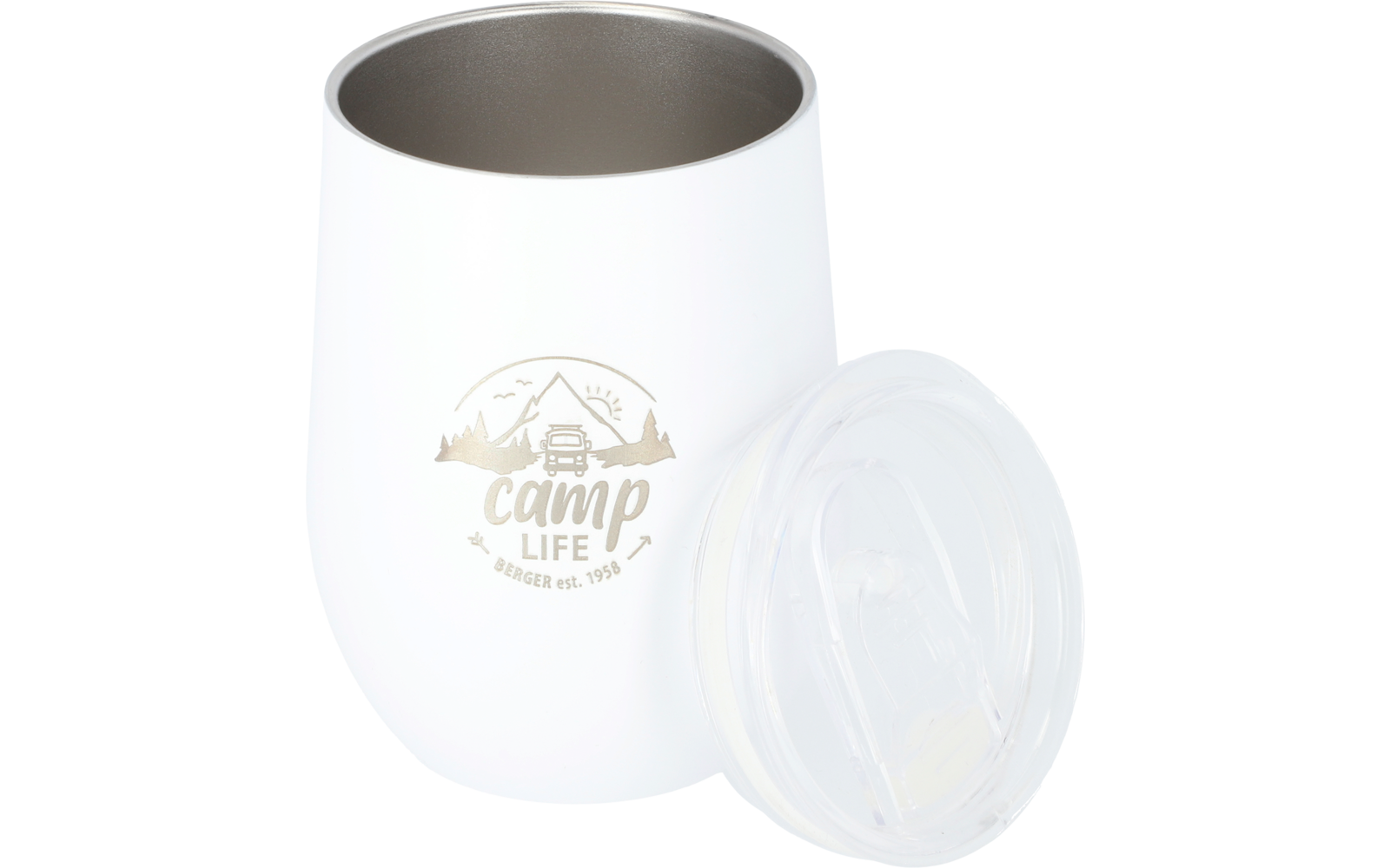 Witte beker met deksel en opschrift "camp LIFE" met bergmotief