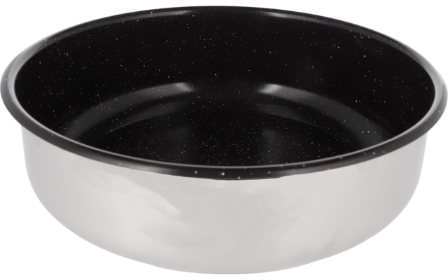 Eine schwarze runde Pfanne mit silbernem Rand auf weißem Hintergrund