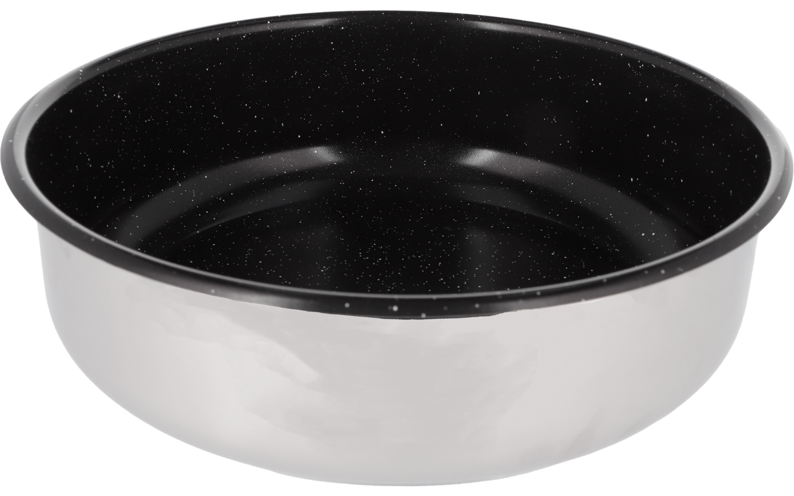 Eine schwarze runde Pfanne mit silbernem Rand auf weißem Hintergrund