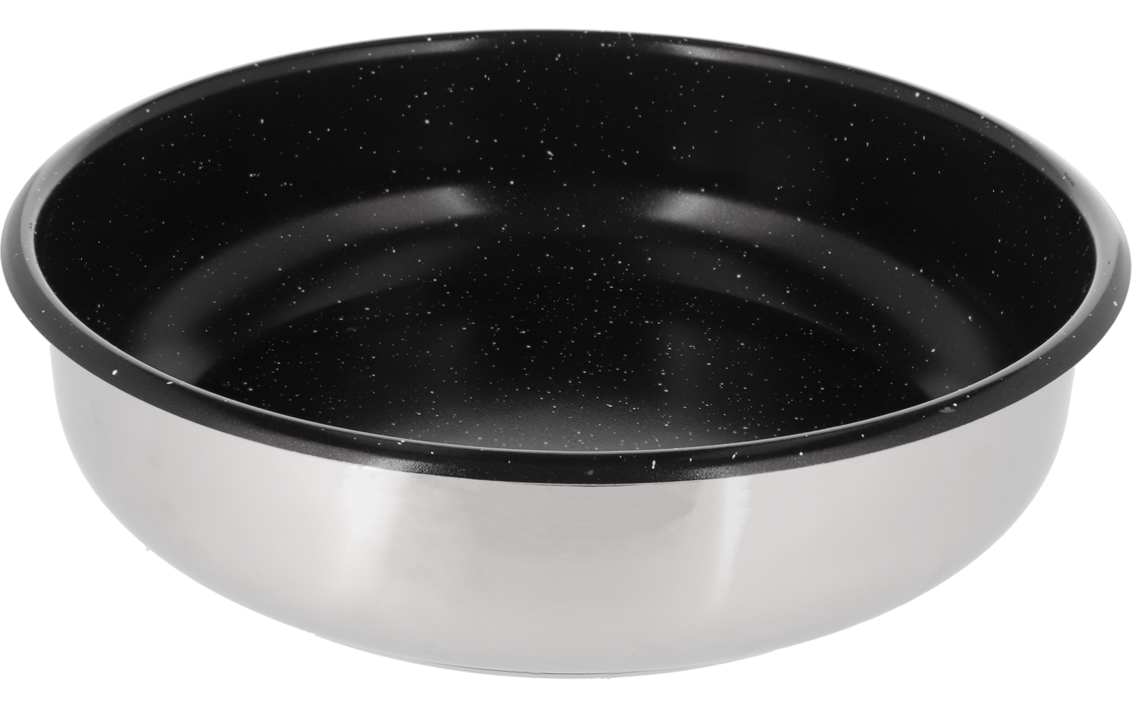 Schwarze Antihaft-Bratpfanne mit silbernem Rand auf weißem Hintergrund