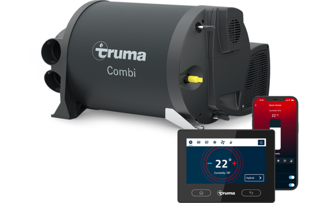 Unità cilindrica grigia con scritta 'truma Combi', due uscite rotonde a sinistra, manopola gialla sul lato, display touch rettangolare che mostra '22°' e due smartphone con schermate dell'app rosse sullo sfondo