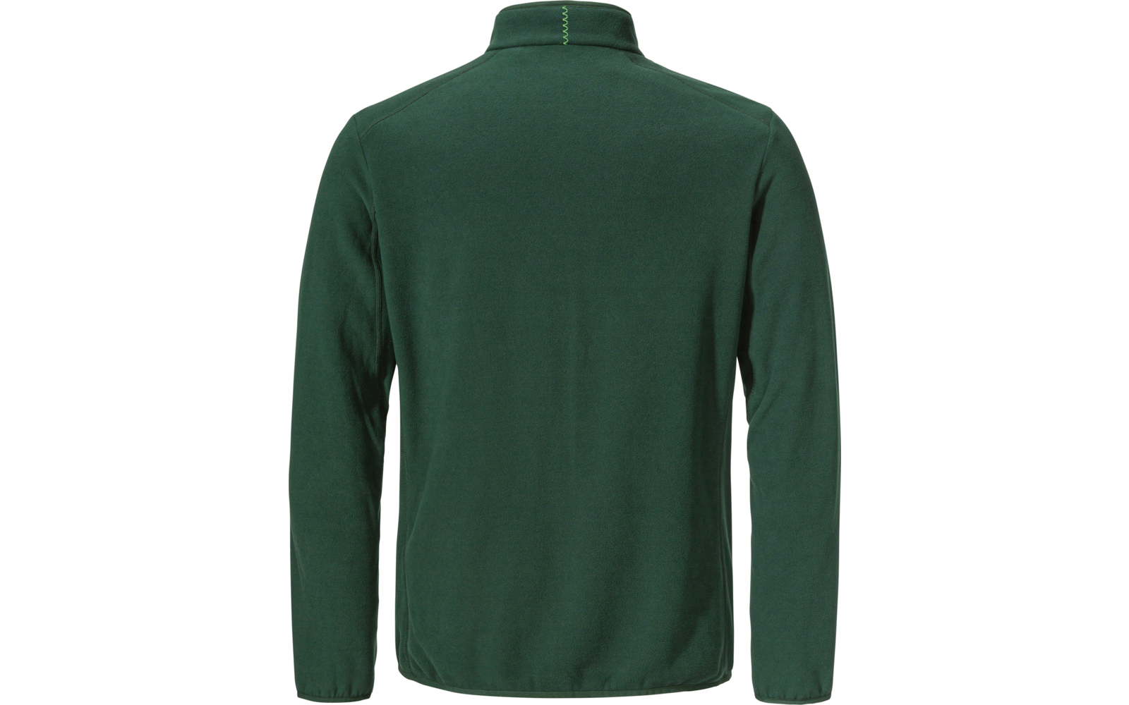 Rückenansicht einer dunkelgrünen Jacke mit Stehkragen und langen Ärmeln