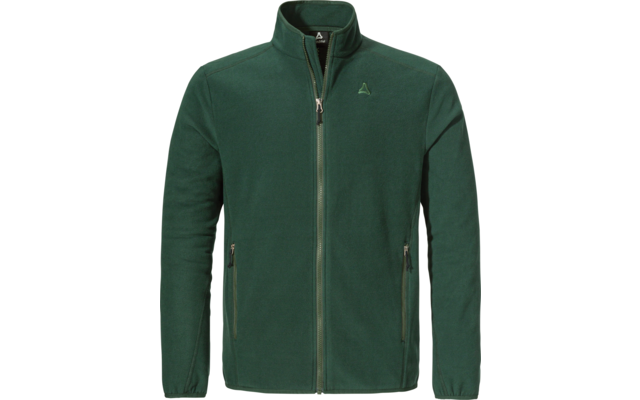 Dunkelgrüne Fleecejacke mit Stehkragen, durchgehendem Reißverschluss, zwei Reißverschlusstaschen und kleinem Logo auf der linken Brust