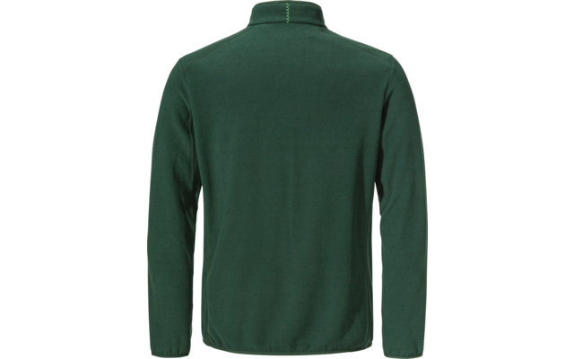 Rückenansicht einer dunkelgrünen Jacke mit Stehkragen und langen Ärmeln