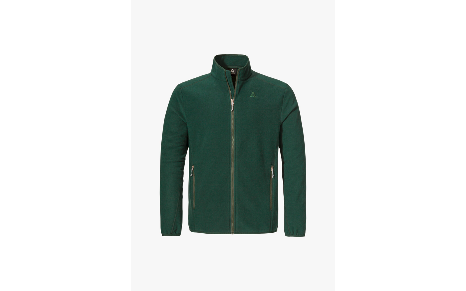 Dunkelgrüne Fleecejacke mit Reißverschluss und Stehkragen vor weißem Hintergrund