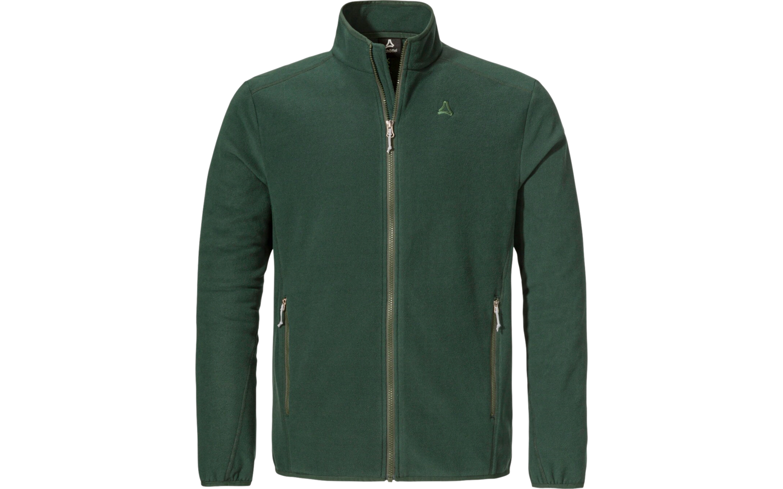 Dunkelgrüne Fleecejacke mit Reißverschluss und Stehkragen vor weißem Hintergrund