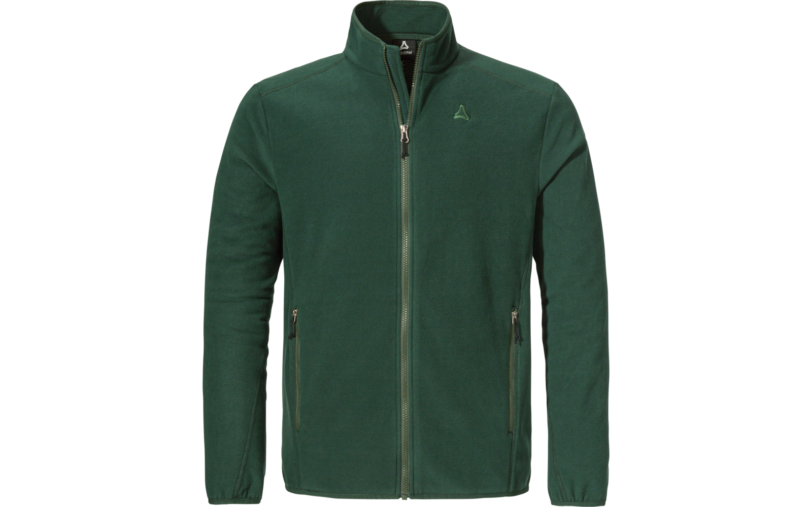 Dunkelgrüne Fleecejacke mit Stehkragen, durchgehendem Reißverschluss, zwei Reißverschlusstaschen und kleinem Logo auf der linken Brust