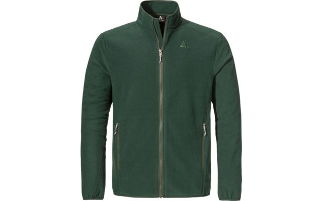 Dunkelgrüne Fleecejacke mit Reißverschluss und Stehkragen vor weißem Hintergrund