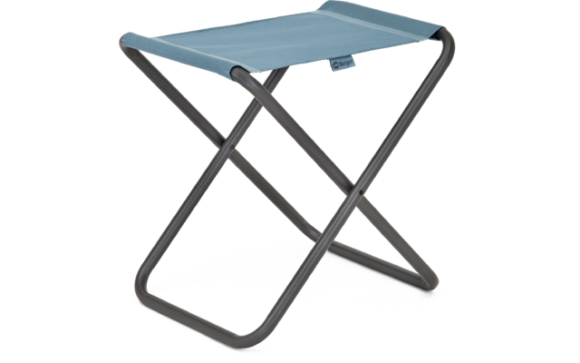Klapphocker mit blauer Sitzfläche und grauem Metallgestell