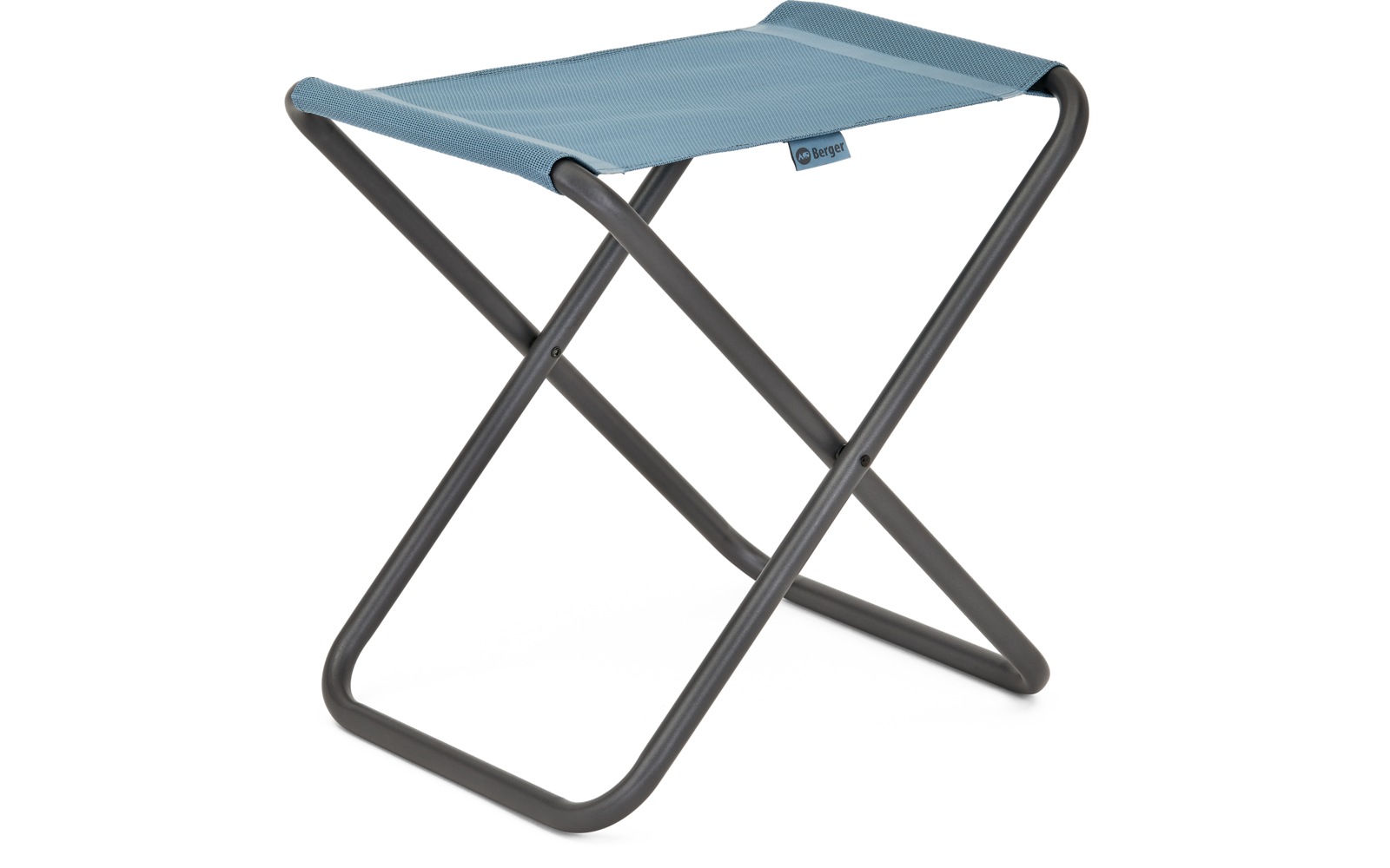 Klapphocker mit blauer Sitzfläche und grauem Metallgestell