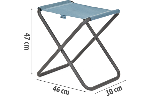 Blauer zusammenklappbarer Hocker mit grauem Metallgestell