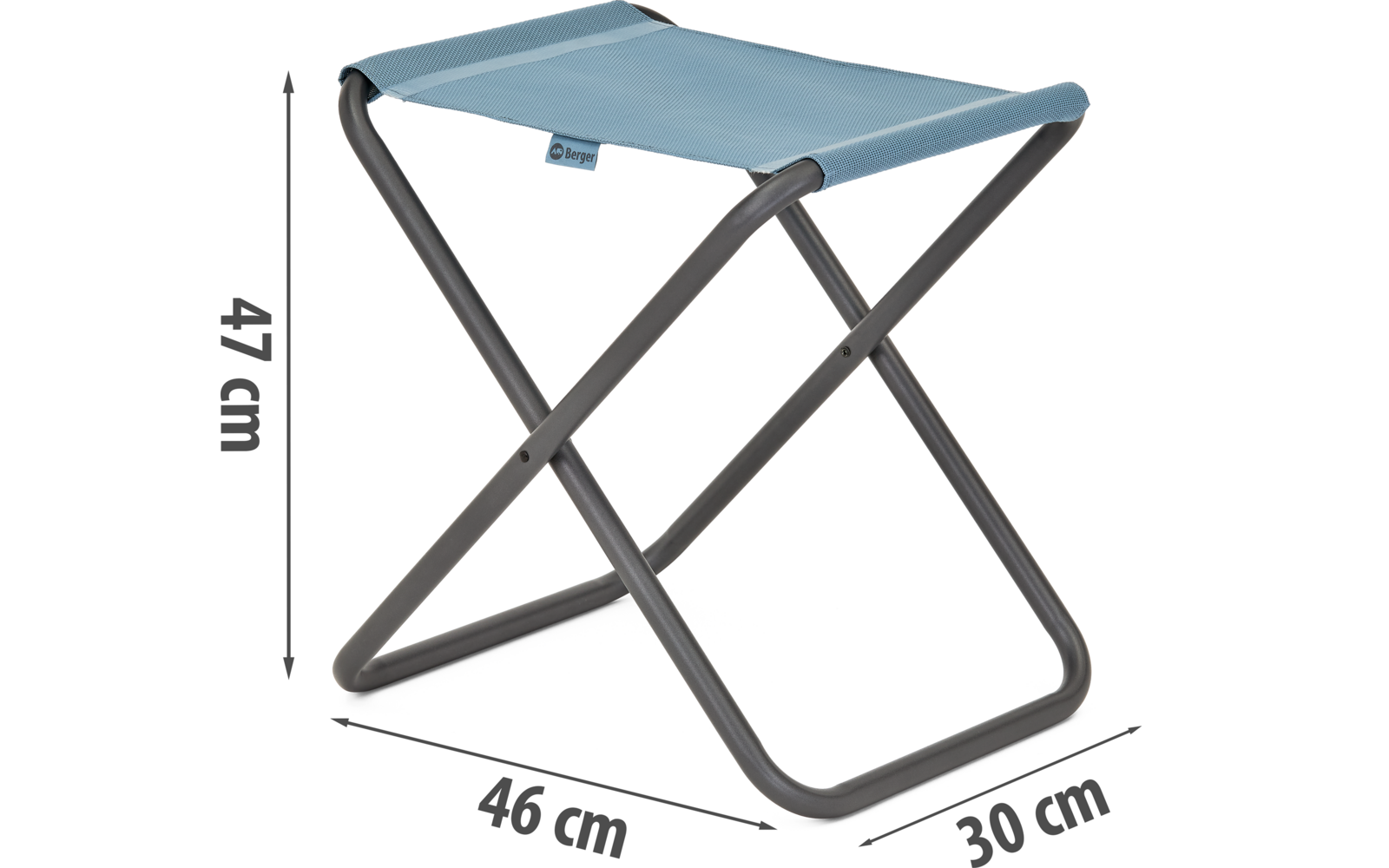 Blauer zusammenklappbarer Hocker mit grauem Metallgestell