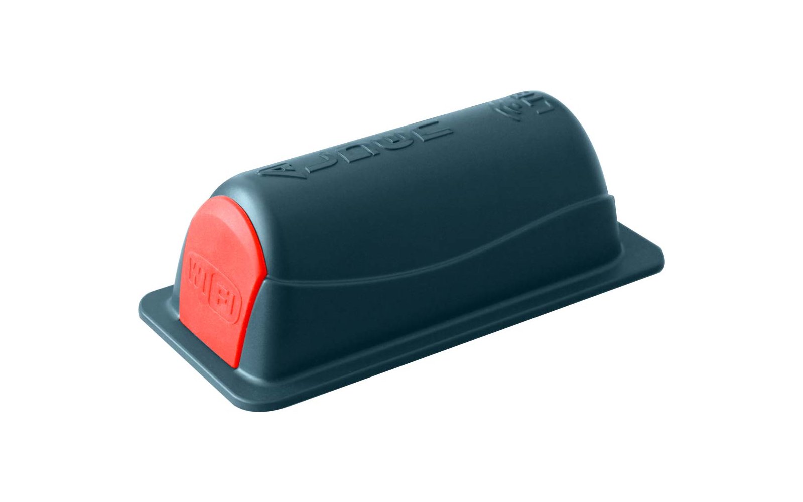 Dunkelgrün-blaues rechteckiges Kunststoffgehäuse mit abgerundeter Oberseite, roter abgerundeter Stirnseite mit Prägung, eingeprägte Schrift auf der Oberseite, flacher rechteckiger Sockel