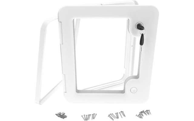 Cadre rectangulaire en plastique blanc avec un battant rectangulaire ouvert ; une clé est dans une serrure sur le côté droit ; plusieurs vis et chevilles en plastique sont devant le cadre