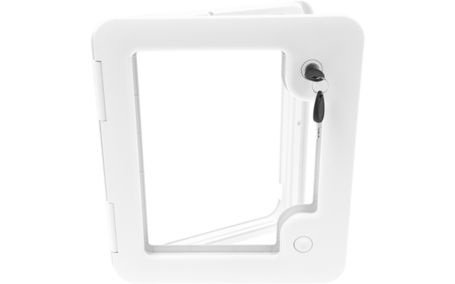 Cadre carré blanc avec ouverture carrée; à droite une clé avec porte-clés noir insérée dans un cylindre de serrure; charnières visibles à gauche; bouton rond en bas