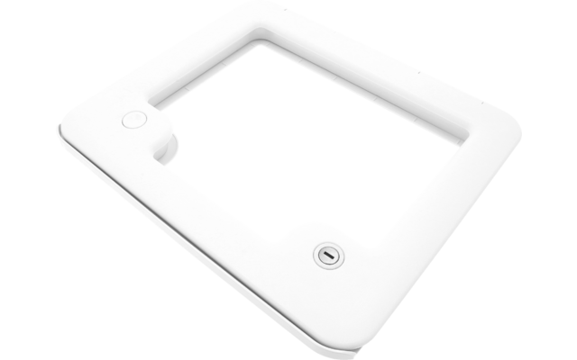 Cadre carré blanc avec ouverture intérieure rectangulaire, coins arrondis et deux évidements circulaires, vu légèrement en biais