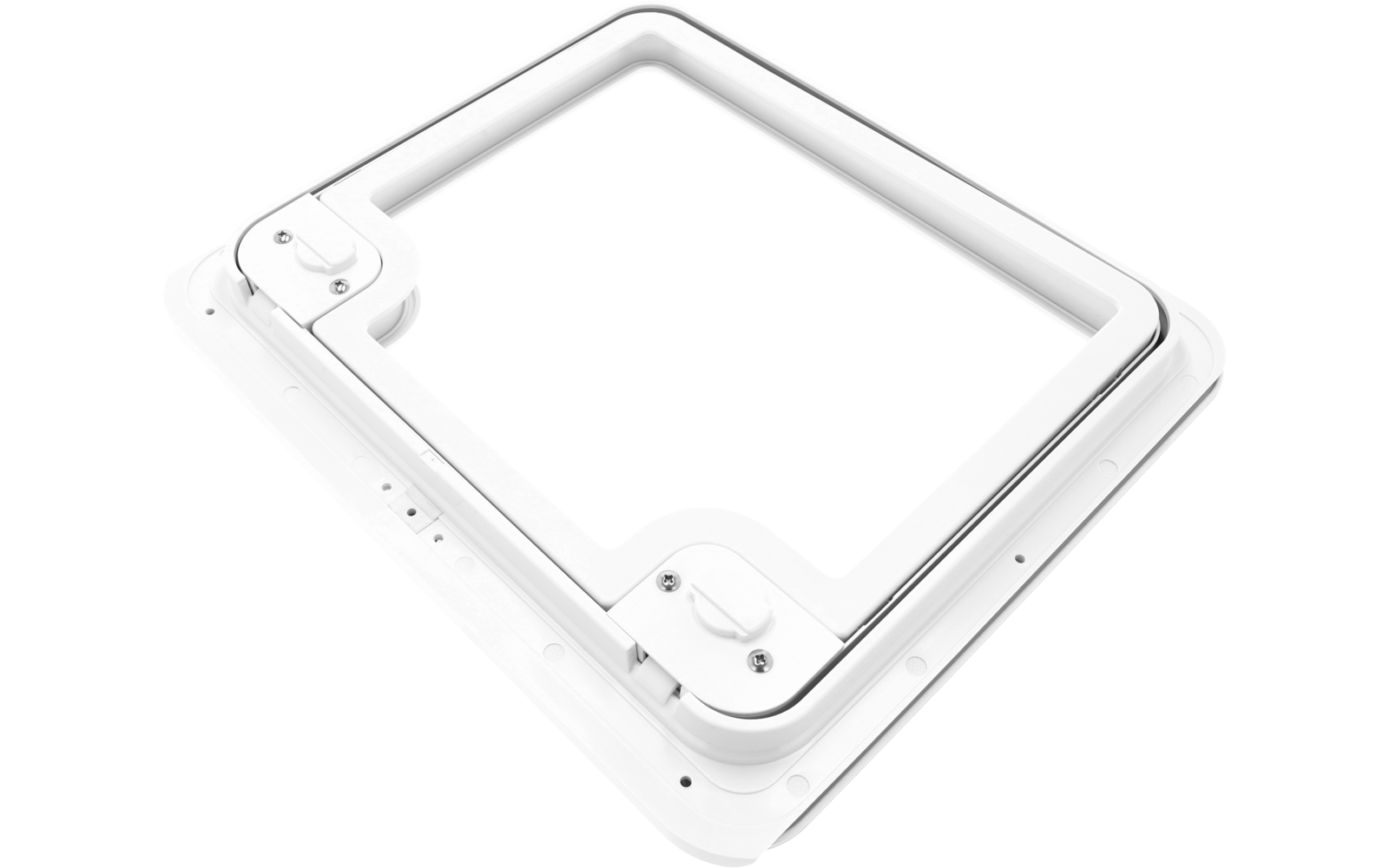 Cadre carré en plastique blanc avec une ouverture carrée et deux fermetures rondes