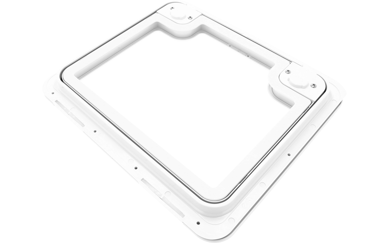 Cadre rectangulaire blanc aux coins arrondis, ouverture rectangulaire centrale, joint et vis visibles