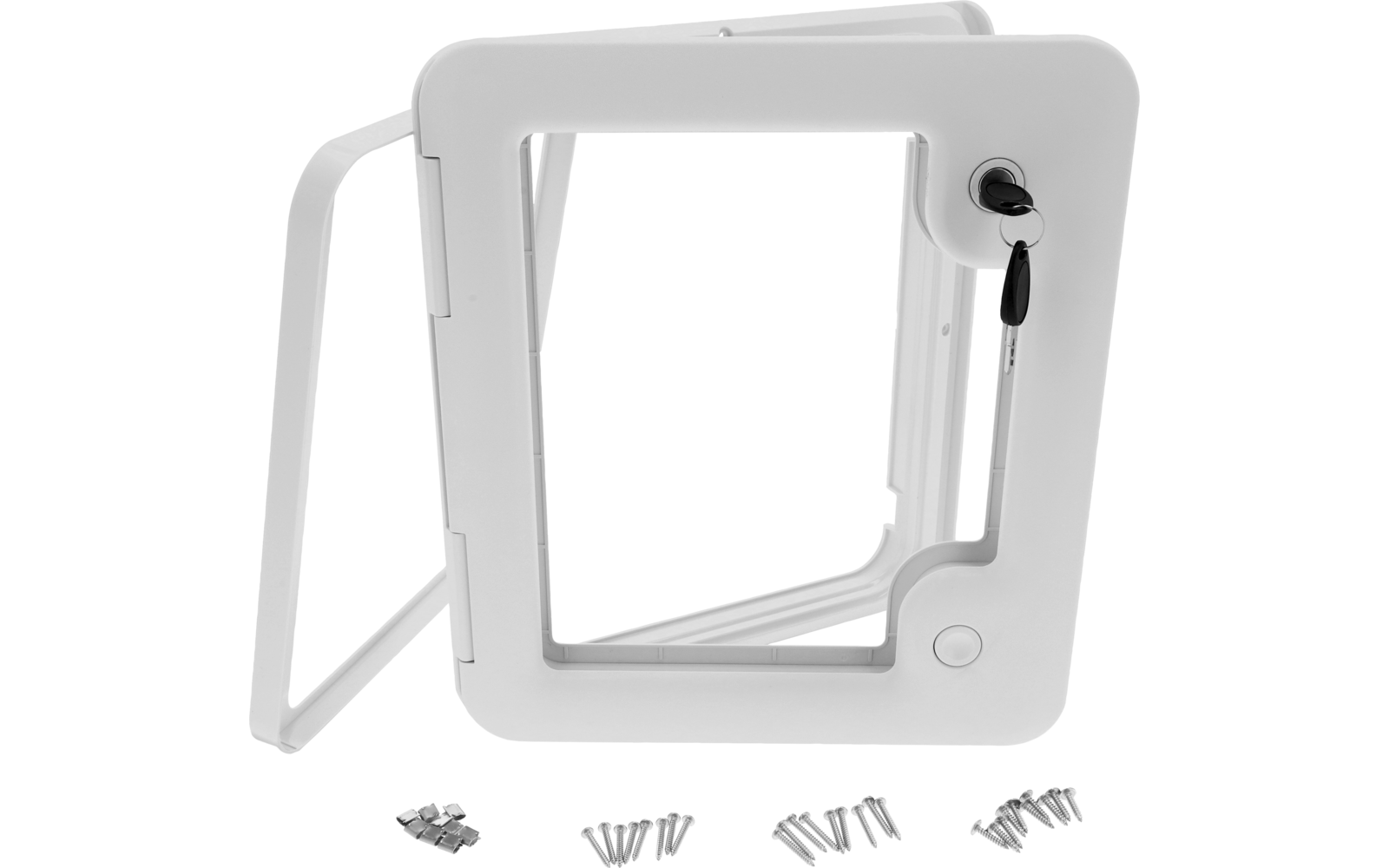Weißer rechteckiger Kunststoffrahmen mit offener rechteckiger Klappe; an der rechten Seite ist ein Schlüssel im Schloss; vor dem Rahmen liegen mehrere Schrauben und Kunststoffdübel