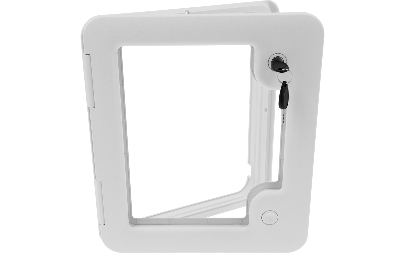 Weißer quadratischer Rahmen mit quadratischem Ausschnitt; rechts eingesetzter Schlüssel mit schwarzem Schlüsselanhänger in einem Schließzylinder; links sichtbare Scharniere; unterhalb ein runder Knopf