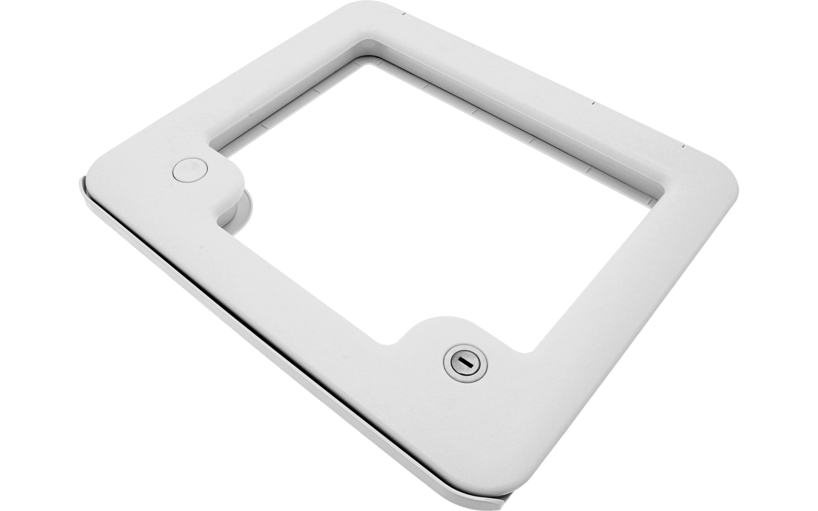 Weißer quadratischer Rahmen mit rechteckiger Innenöffnung, abgerundeten Ecken und zwei runden Aussparungen, Ansicht leicht schräg