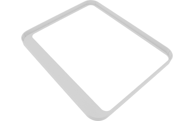 Weißer rechteckiger Rahmen mit abgerundeten Ecken und schwarzer rechteckiger Innenfläche, leicht schräg auf weißem Hintergrund