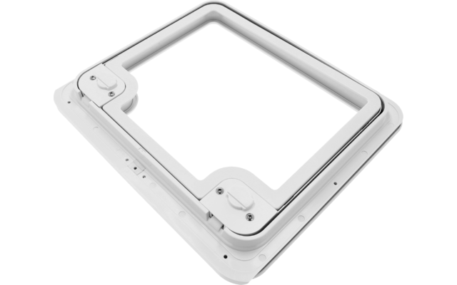 Weißer quadratischer Kunststoffrahmen mit quadratischer Öffnung und zwei runden Verschlüssen