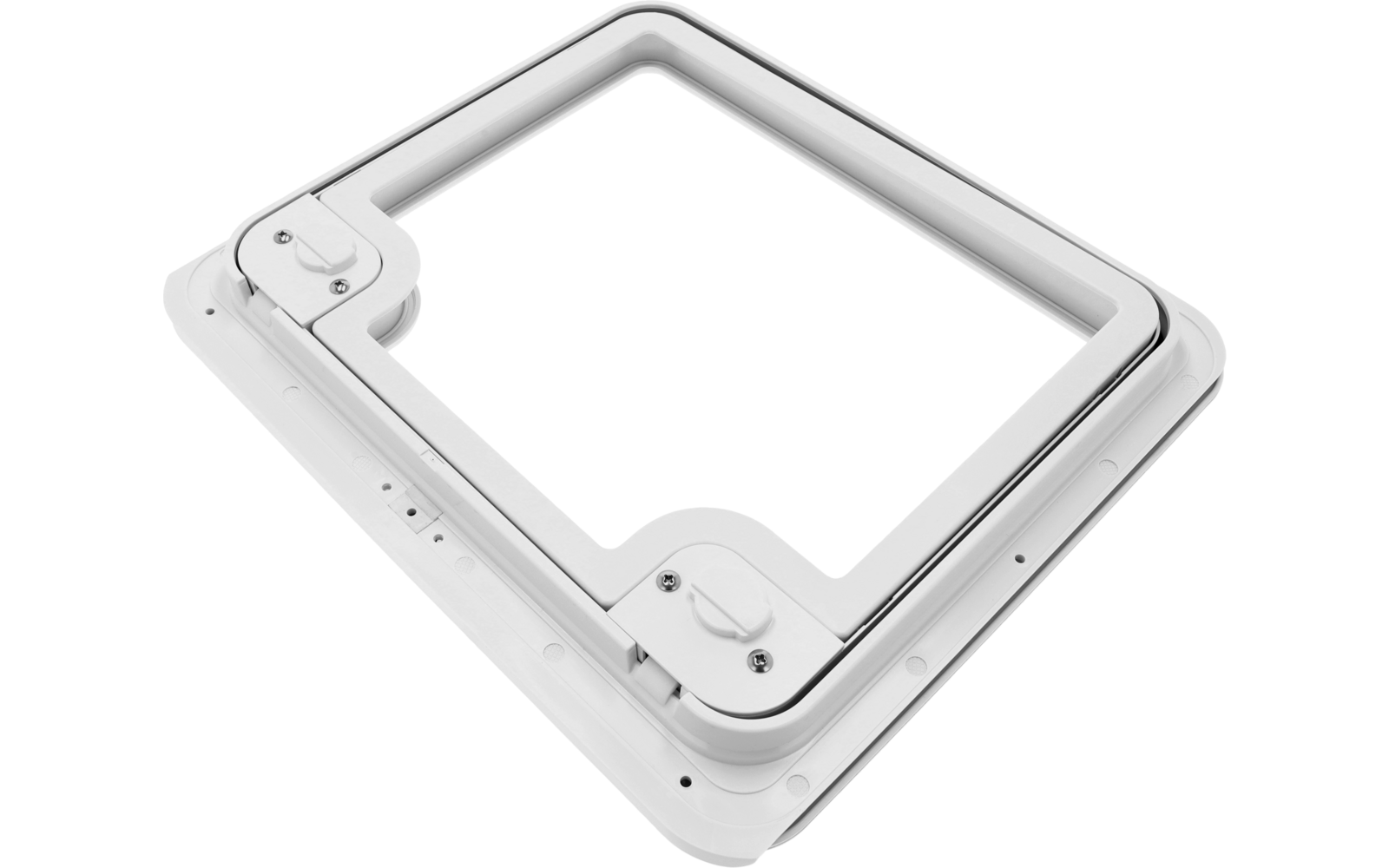 Weißer quadratischer Kunststoffrahmen mit quadratischer Öffnung und zwei runden Verschlüssen
