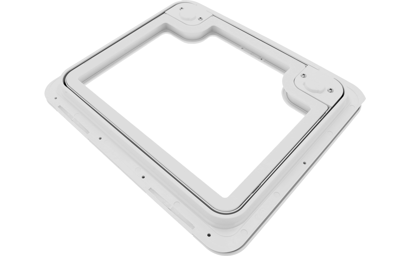 Weißer rechteckiger Rahmen mit abgerundeten Ecken, mittiger rechteckiger Ausschnitt, Dichtung und sichtbare Schrauben