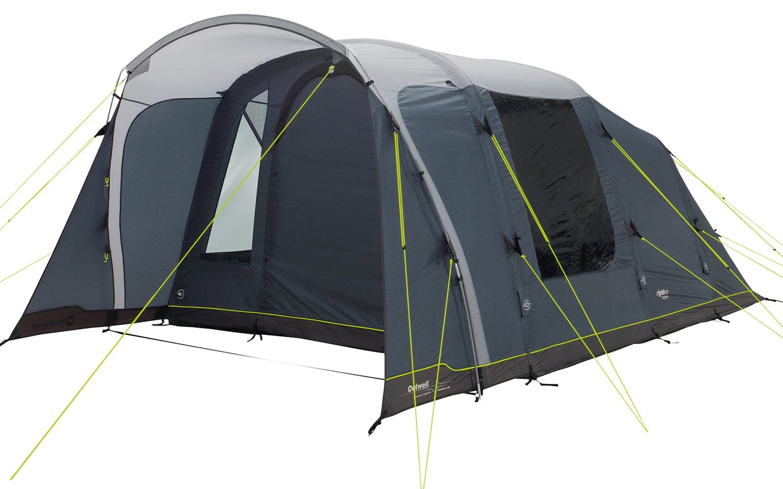 Großes, graues Campingzelt mit mehreren Eingängen und gelben Abspannleinen