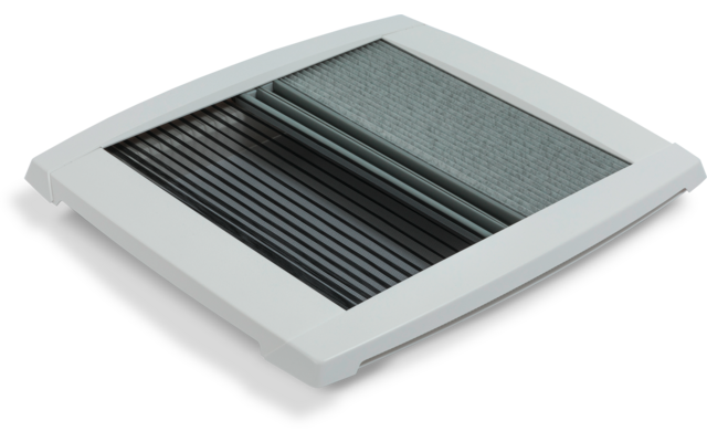 White rectangular ventilation grille with black horizontal slats