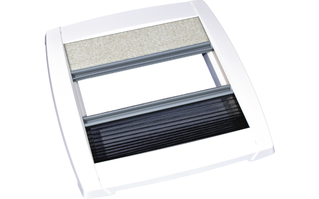 White plastic frame with two different fabric patterns, upper light, lower dark