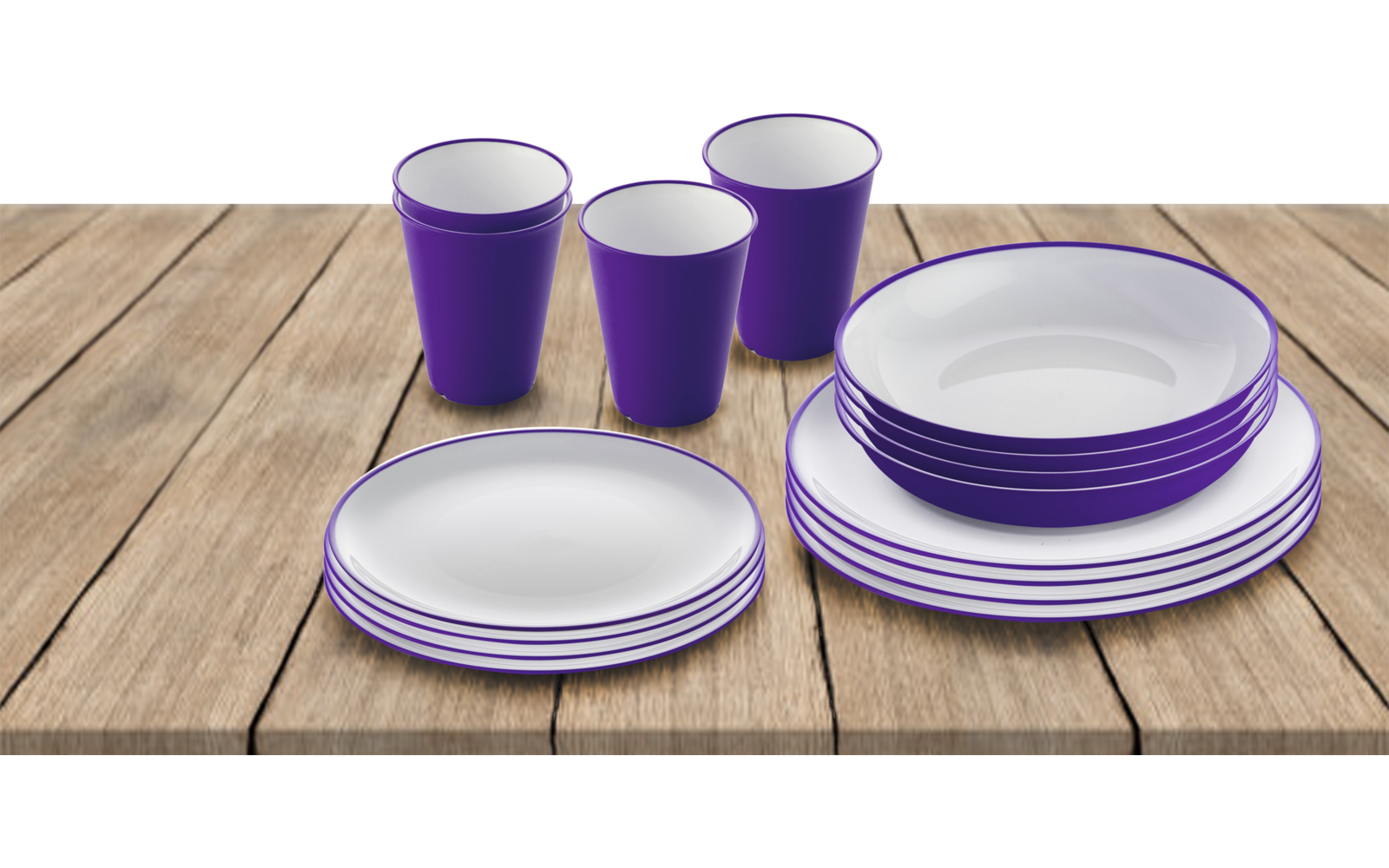 Meerdere paarse papieren bekers en witte papieren borden met paarse rand op een houten tafel