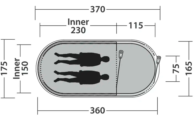 Skizze eines Wohnwagens mit Maßen und zwei stehenden Personen im Innenraum