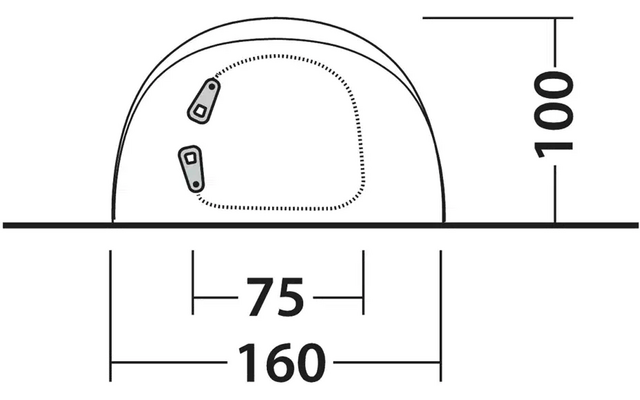 Technische Zeichnung eines halbrunden Objekts mit den Maßen 160 mm Breite und 100 mm Höhe, inklusive einer kleinen quadratischen Aussparung