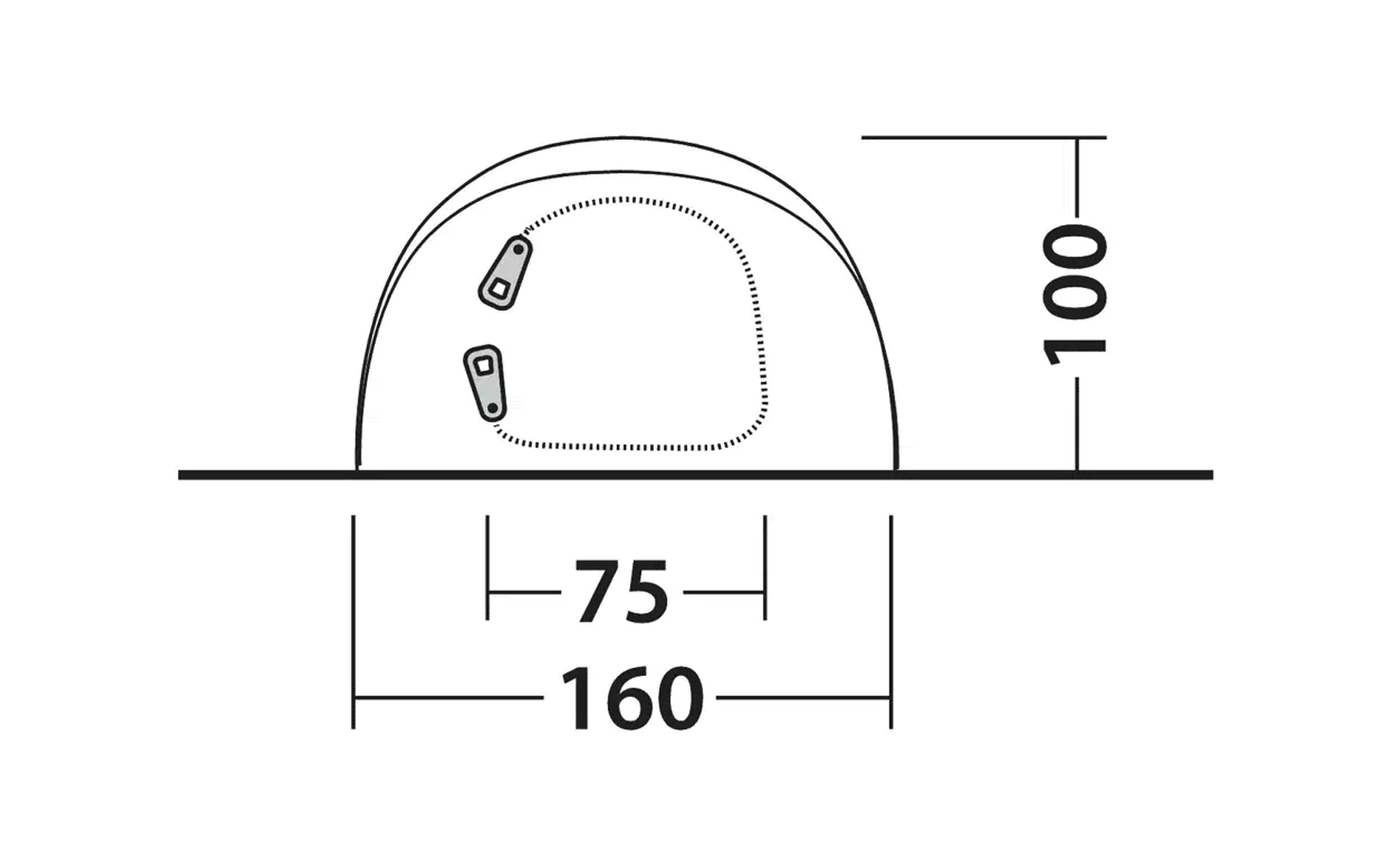 Technische Zeichnung eines halbrunden Objekts mit den Maßen 160 mm Breite und 100 mm Höhe, inklusive einer kleinen quadratischen Aussparung