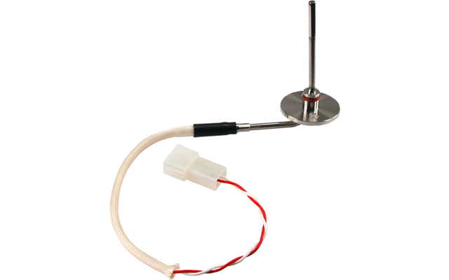 Base metálica redonda con varilla vertical; cable trenzado conectado con sección con funda negra, cables trenzados rojo y blanco y conector de plástico blanco