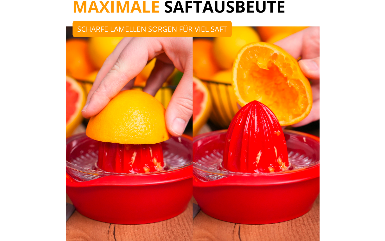 Deux photos côte à côte : à gauche des mains pressent une orange coupée en deux sur un presse-agrumes manuel rouge, à droite une peau d'orange pressée sur le presse-agrumes, des oranges entières en arrière-plan