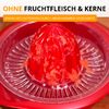 Embout presse-agrumes rouge avec morceaux de pulpe sur le cône et la passoire, récipient collecteur transparent ; bandeau publicitaire blanc-jaune en haut avec texte noir et orange 'OHNE FRUCHTFLEISCH & KERNE'