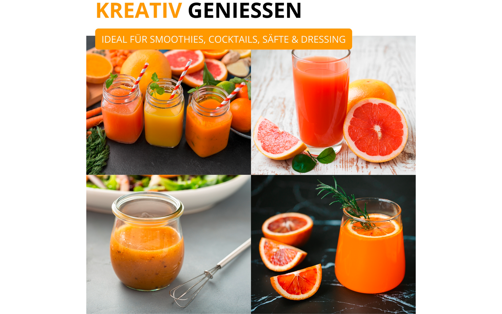 Collage en quatre parties montrant verres et petits bocaux remplis d’un liquide orange : en haut à gauche trois petits bocaux avec pailles, oranges et carottes en arrière-plan ; en haut à droite un grand verre avec moitiés de pamplemousse sur une surface en bois ; en bas à gauche un petit bocal avec sauce orange à côté d’un fouet et un bol de salade en arrière-plan ; en bas à droite un petit verre avec un brin de romarin et moitiés de pamplemousse sur une surface sombre