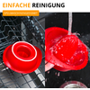 À gauche un embout rouge de presse-agrumes dans le panier d'un lave-vaisselle, à droite une main tient l'embout rouge sous l'eau courante; en haut le texte 'EINFACHE REINIGUNG' et le bouton 'SPÜLMASCHINENGEEIGNET'