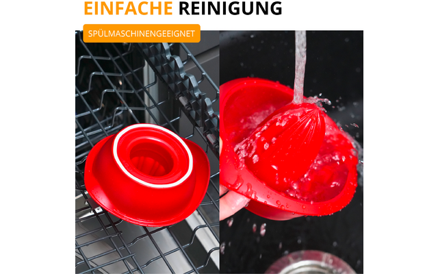 À gauche un embout rouge de presse-agrumes dans le panier d'un lave-vaisselle, à droite une main tient l'embout rouge sous l'eau courante; en haut le texte 'EINFACHE REINIGUNG' et le bouton 'SPÜLMASCHINENGEEIGNET'