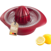 Presse-agrumes manuel rouge avec tamis métallique et cône de pressage, étiquette «Made in Germany», et deux citrons, un coupé en deux