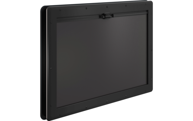 Schwarzes rechteckiges Panel mit dunkler Fläche, umlaufendem Rahmen und einem Verschluss oben mittig