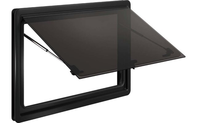 Marco rectangular negro de plástico con una tapa transparente tintada oscura abierta hacia arriba y bisagras visibles