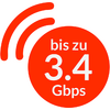 Orangeroter Kreis mit drei gebogenen Signalbögen oben links und weißem Text 'bis zu 3.4 Gbps'