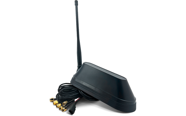 Schwarze Antenne mit langem Stab, ovalem Sockel und mehreren aufgerollten schwarzen Kabeln mit goldfarbenen Steckern