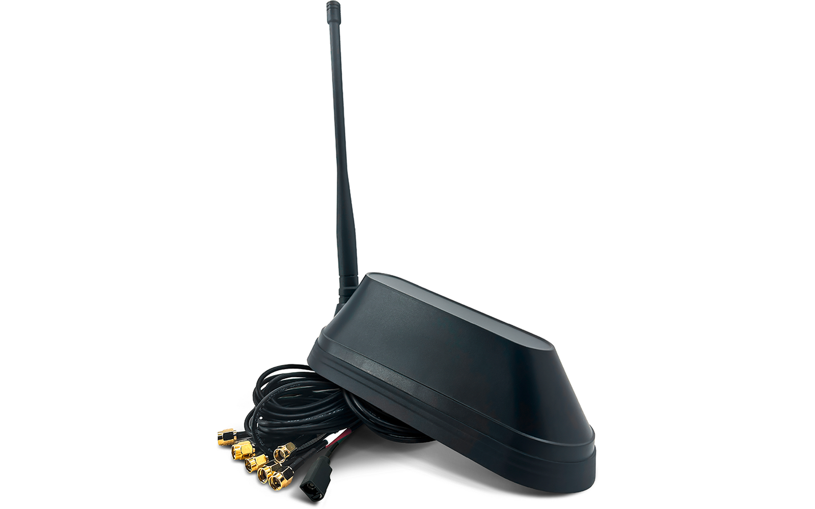 Schwarze Antenne mit langem Stab, ovalem Sockel und mehreren aufgerollten schwarzen Kabeln mit goldfarbenen Steckern