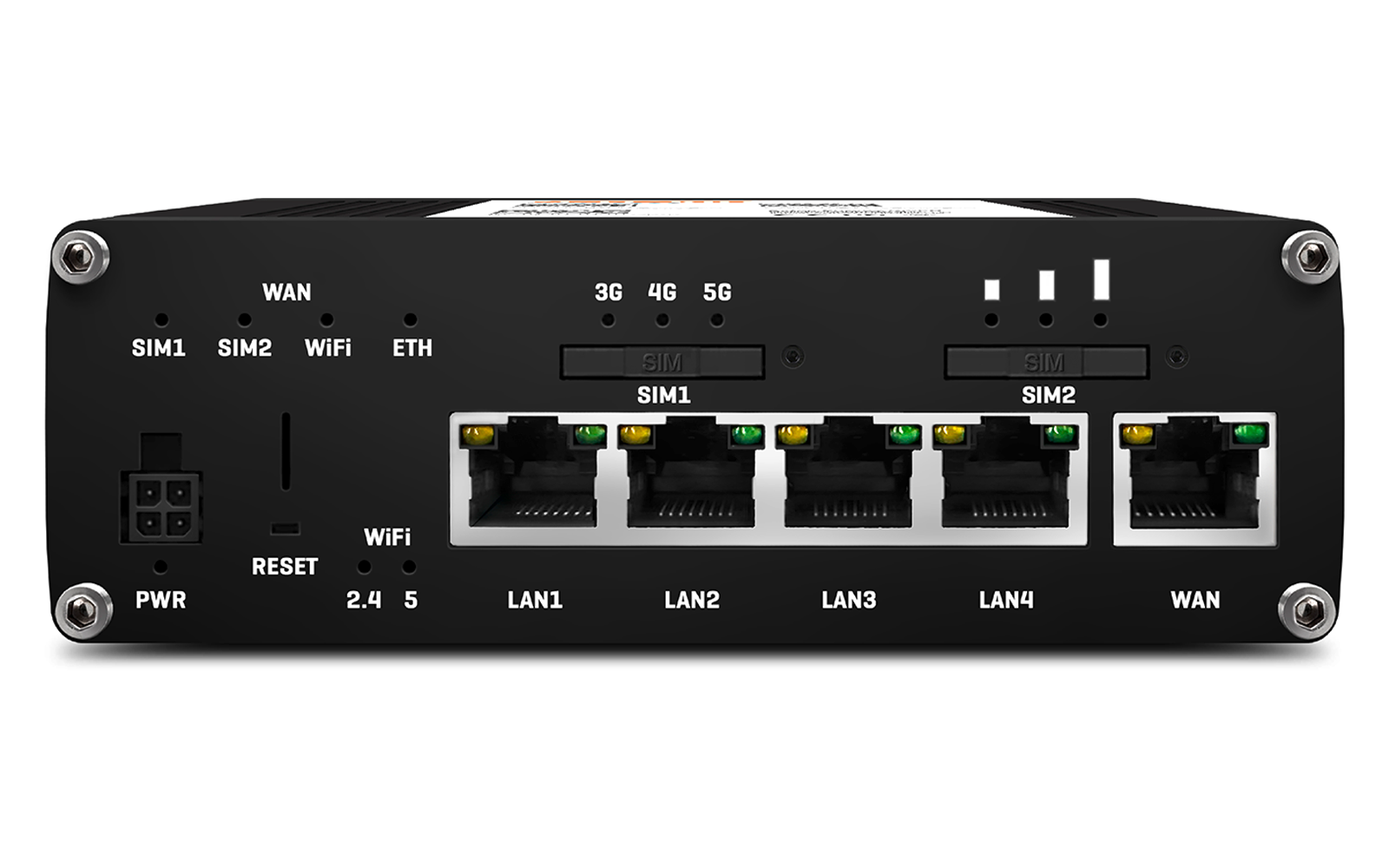 Rückseite eines schwarzen Geräts mit zwei SIM‑Schächten (SIM1, SIM2), vier LAN‑Ethernet‑Ports (LAN1–LAN4) mit grünen/gelben LEDs, einem WAN‑Ethernet‑Port, Anzeigeleuchten für 3G/4G/5G, PWR‑Stromanschluss, Reset‑Taster, WiFi‑Beschriftung und weiteren 
