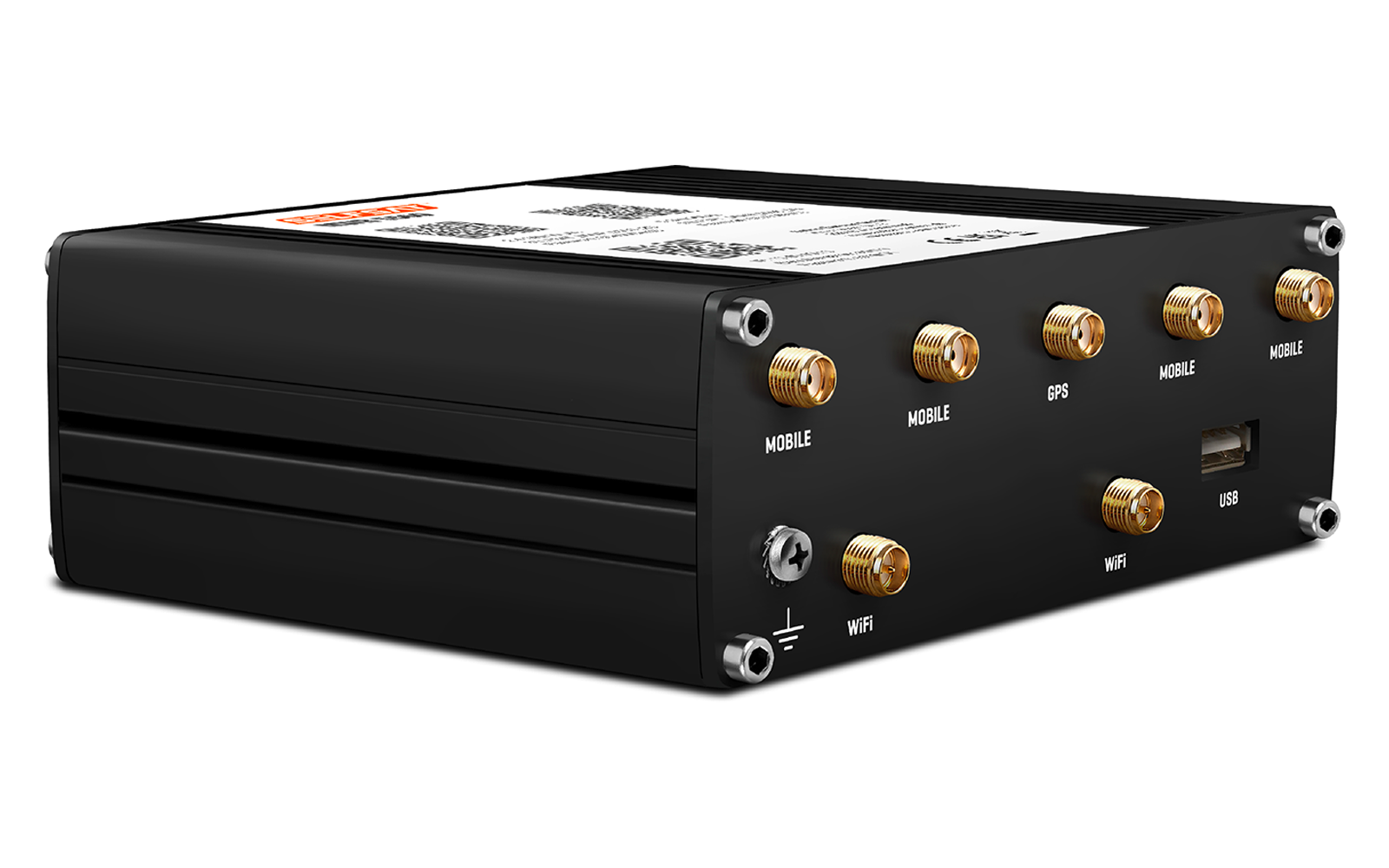 Schwarzes rechteckiges Metallgehäuse mit mehreren goldfarbenen Rundanschlüssen, einem USB‑Port, sichtbaren Schrauben und einem Aufkleber auf der Oberseite